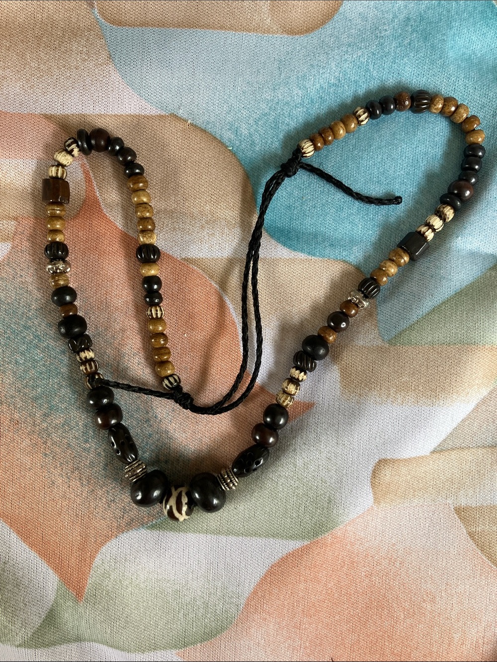 Handcrafted carved Natural Buffalo bone bead necklace brown tan adjustable Cord